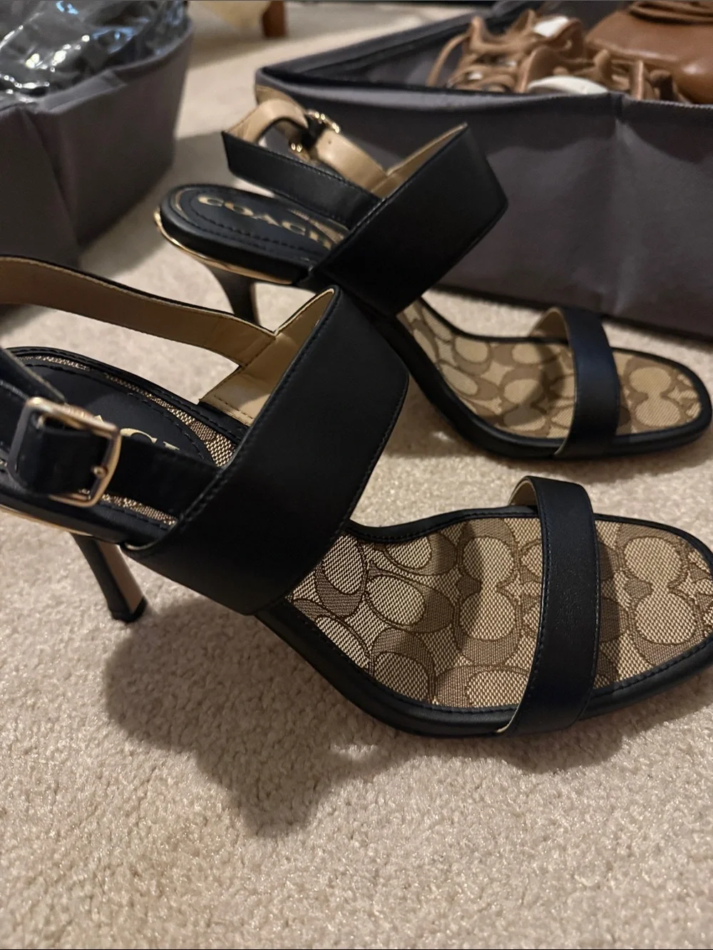 COACH Black Leather Strap Sandals with Signature Monogram Footbed